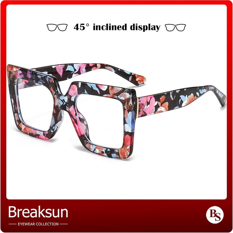 Breaksun Oversized Blue Light Glasses for Women Fashion Thick Square Computer Eyewear Non-Prescription Black Glasses (Flower) - Image 2